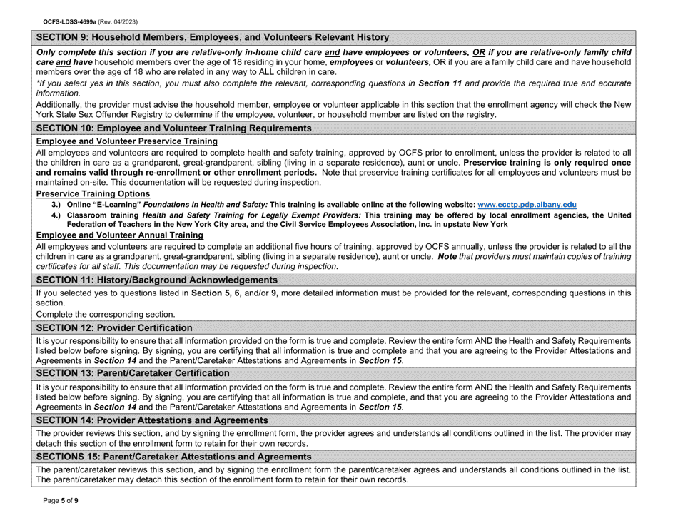 Instructions for Form OCFS-LDSS-4699 Enrollment Form for Provider of Legally Exempt in-Home Child Care and Legally Exempt Family Child Care - New York, Page 5