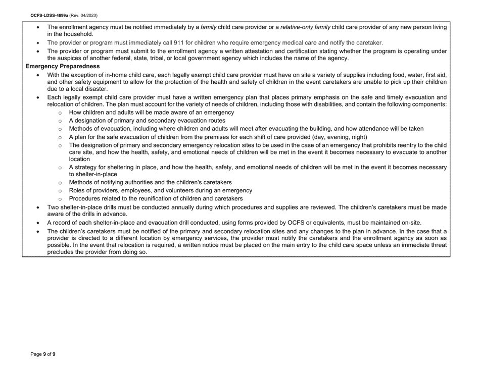 Instructions for Form OCFS-LDSS-4699 Enrollment Form for Provider of Legally Exempt in-Home Child Care and Legally Exempt Family Child Care - New York, Page 9