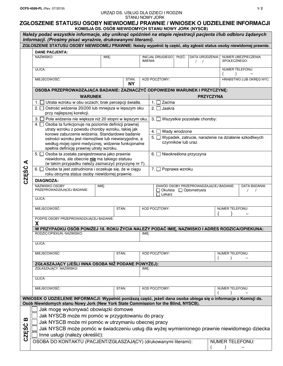 Form OCFS-4599-PL Report of Legal Blindness / Request for Information - New York (Polish), Page 1