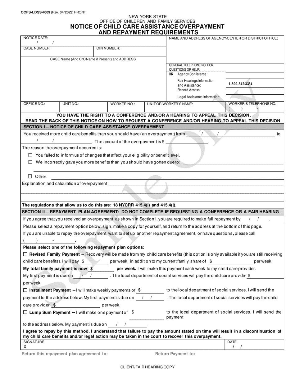 Form OCFS-LDSS-7009 Notice of Child Care Assistance Overpayment and Repayment Requirements - Sample - New York, Page 1