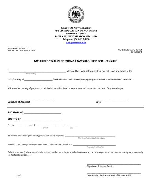 Notarized Statement for No Exams Required for Licensure - New Mexico Download Pdf