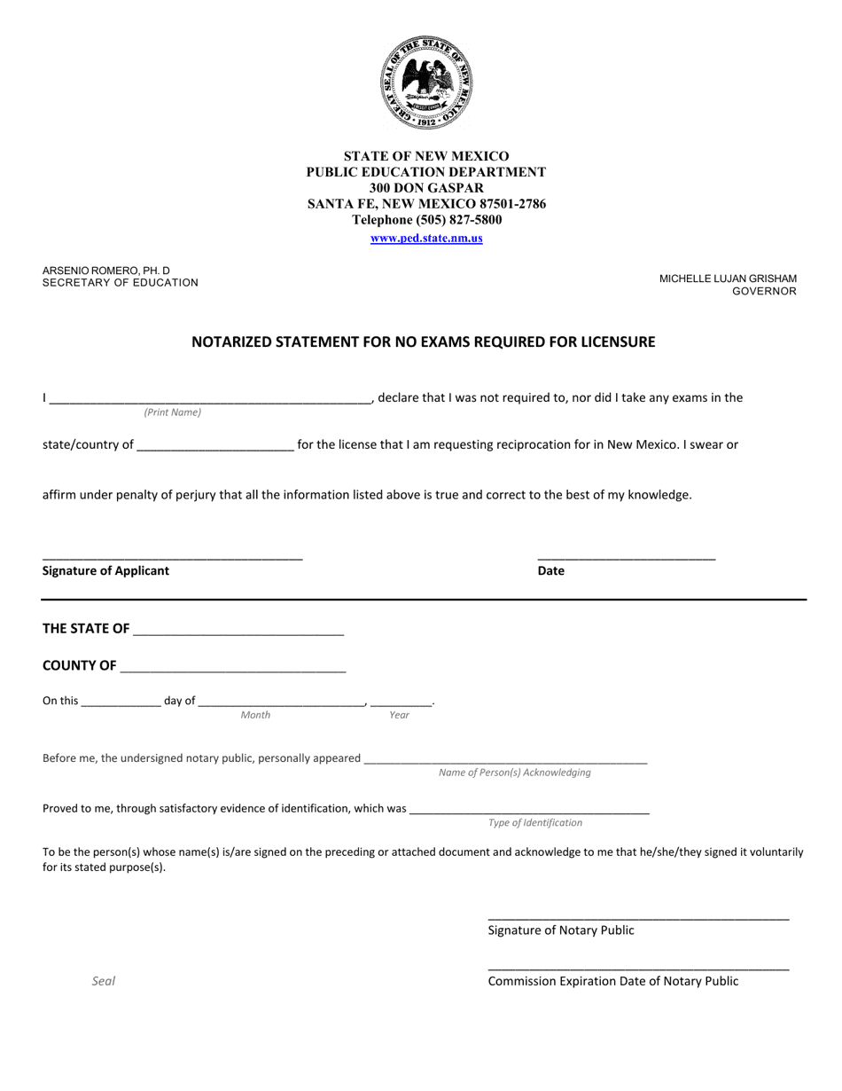 Notarized Statement for No Exams Required for Licensure - New Mexico, Page 1
