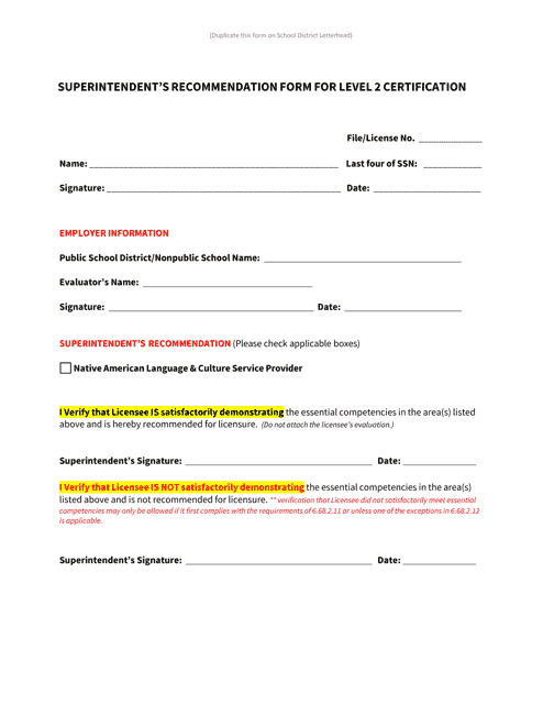 Superintendent's Recommendation Form for Level 2 Certification - Native American Language and Culture - New Mexico Download Pdf