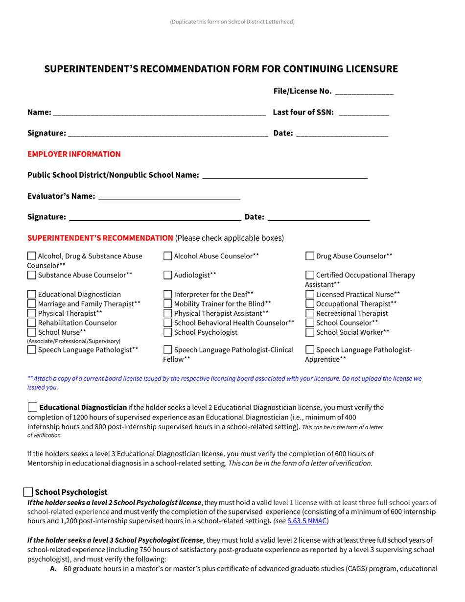 Superintendents Recommendation Form for Continuing Licensure - Instructional Support Provider - New Mexico, Page 1