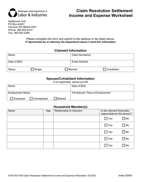 Form F240-007-000 Claim Resolution Settlement Income and Expense Worksheet - Washington