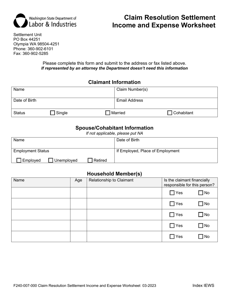 Form F240-007-000 Claim Resolution Settlement Income and Expense Worksheet - Washington, Page 1