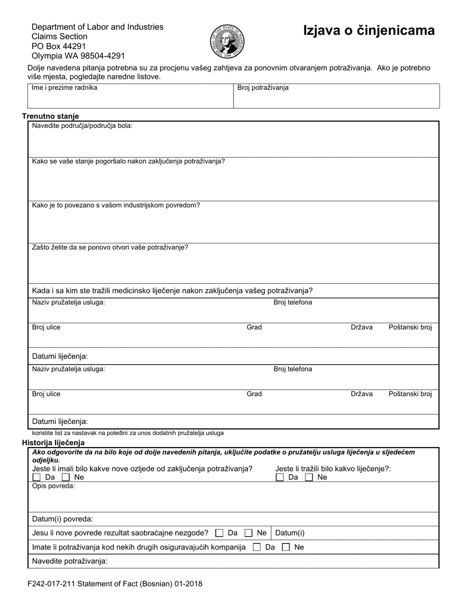 Form F242-017-211 Statement of Facts - Washington (Bosnian), Page 1