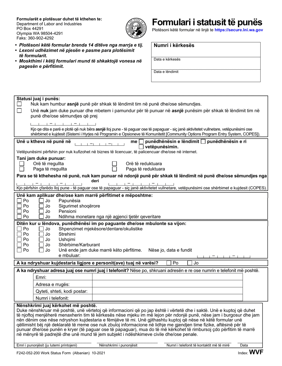 Form F242-052-200 Work Status Form - Washington (Albanian), Page 1
