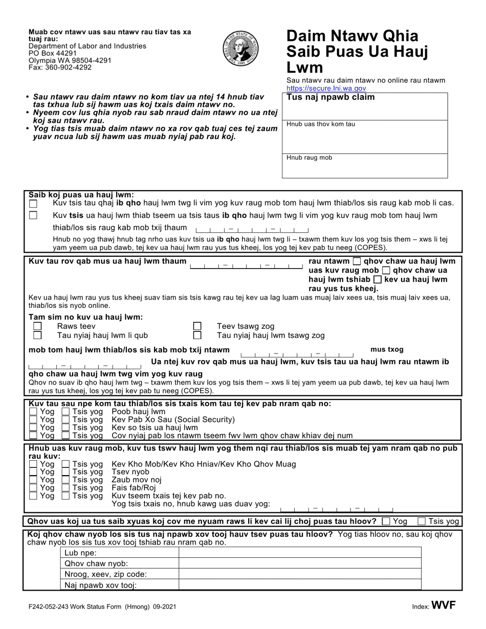 Form F242-052-243 Work Status Form - Washington (Hmong), Page 1