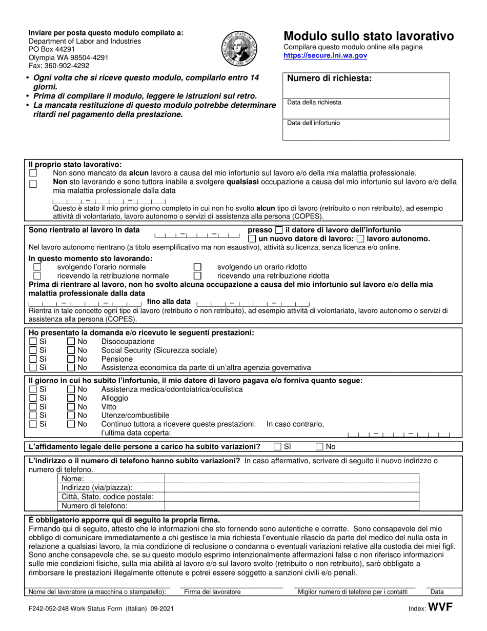 Form F242-052-248 Work Status Form - Washington (Italian), Page 1