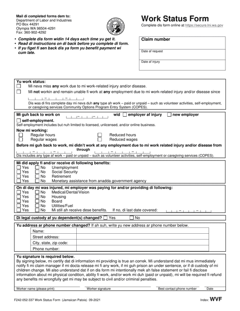 Form F242-052-337 Work Status Form - Washington (Jamaican Patois)