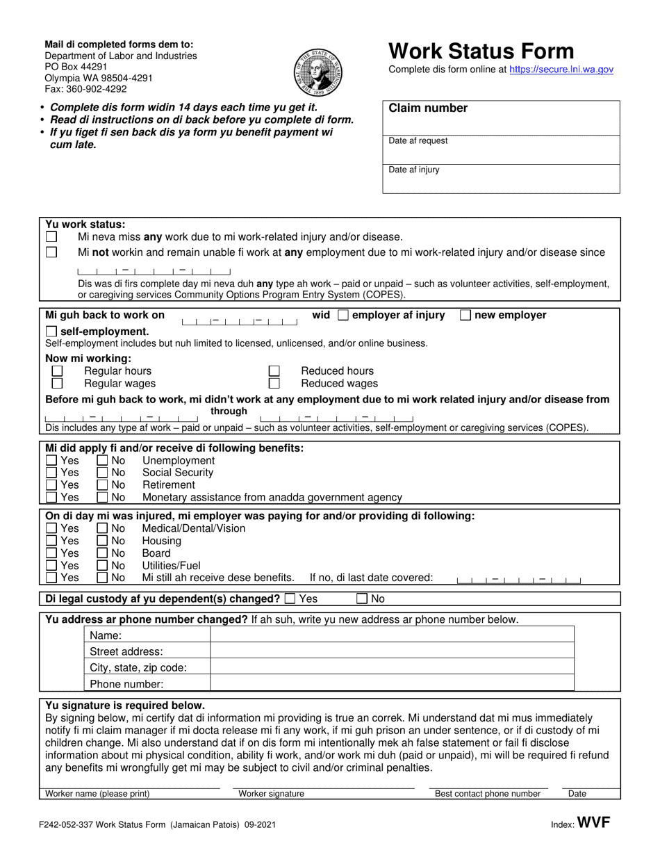 Form F242-052-337 Work Status Form - Washington (Jamaican Patois), Page 1