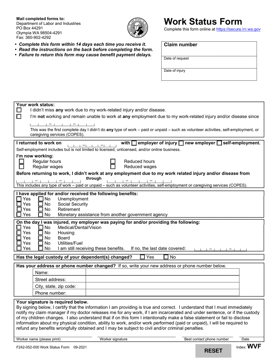 Form F242-052-000 Work Status Form - Washington, Page 1