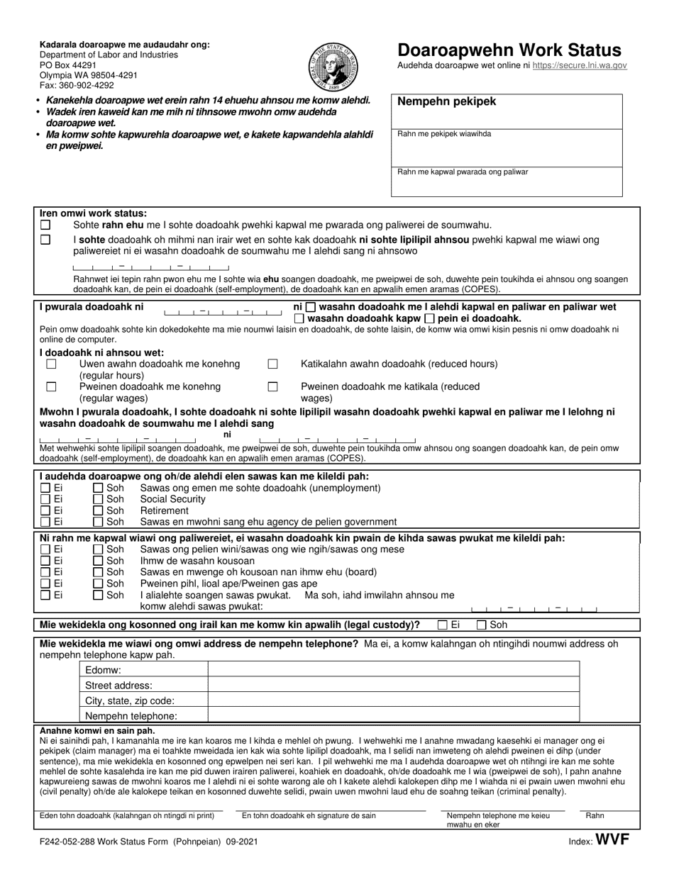 Form F242-052-288 Work Status Form - Washington (Pohnpeian), Page 1