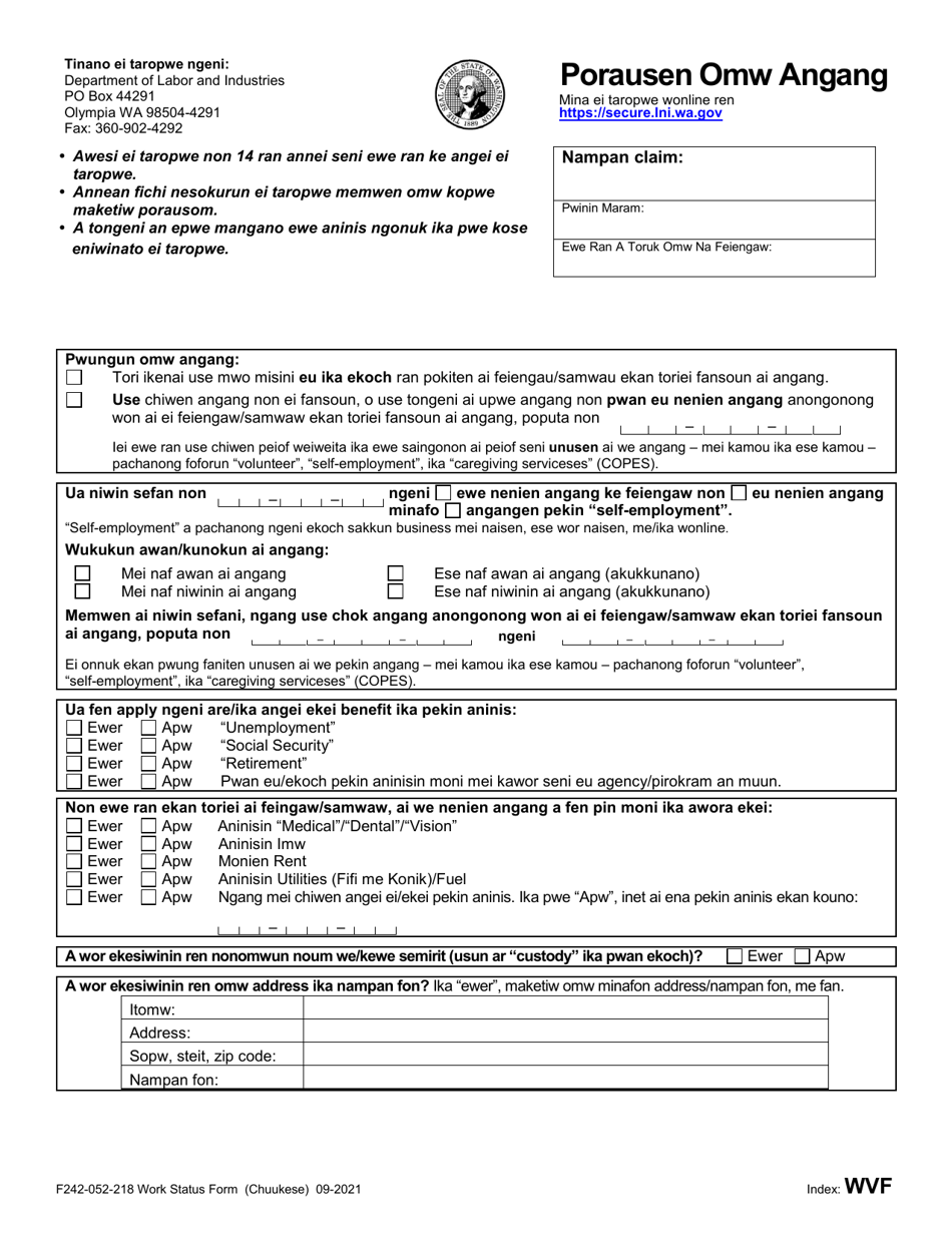 Form F242-052-218 Work Status Form - Washington (Chuukese), Page 1