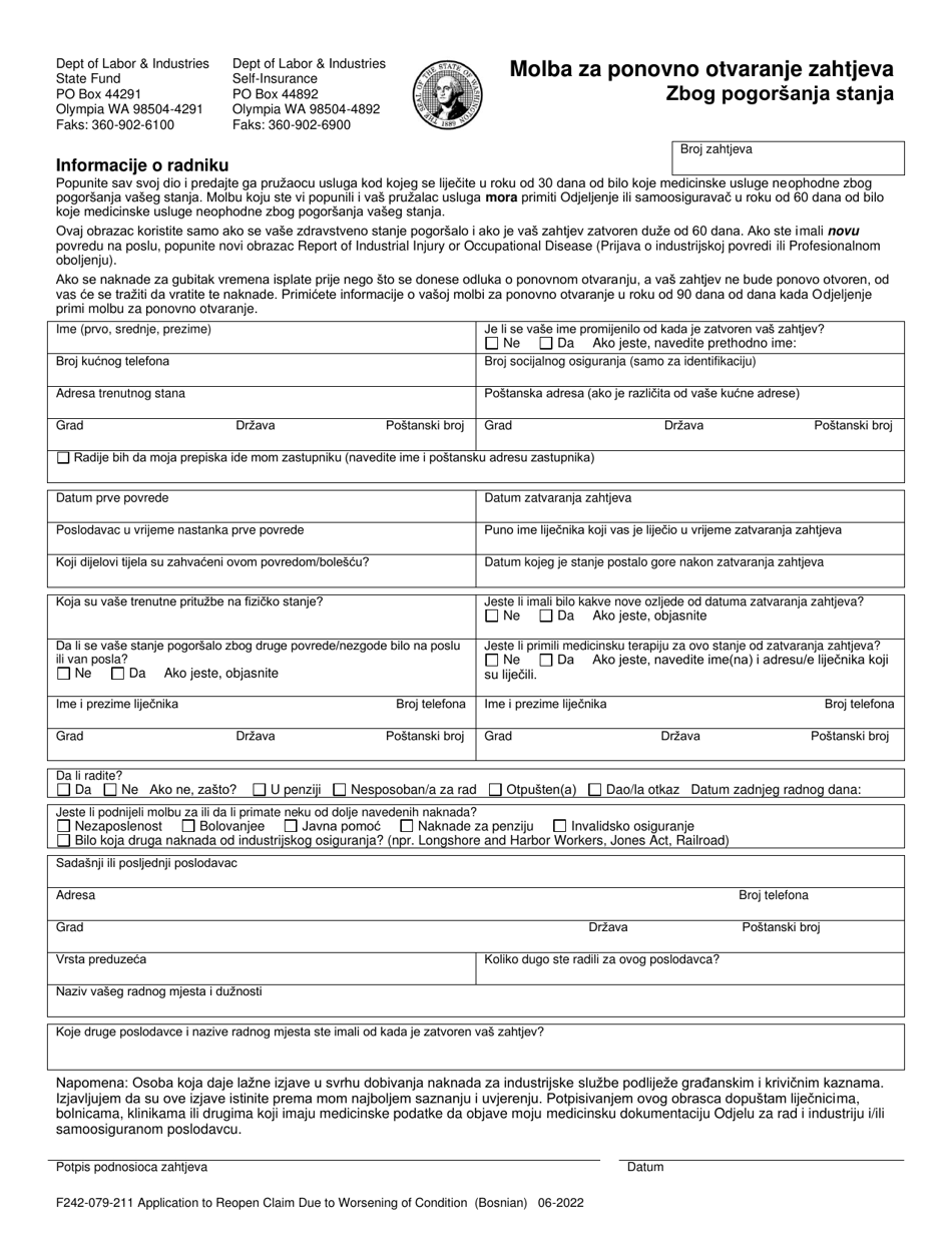 Form F242-079-211 Application to Reopen Claim Due to Worsening of Condition - Washington (English / Bosnian), Page 1