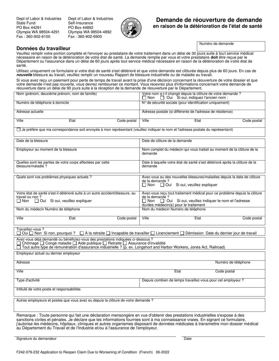 Form F242-079-232 Application to Reopen Claim Due to Worsening of Condition - Washington (English / French), Page 1