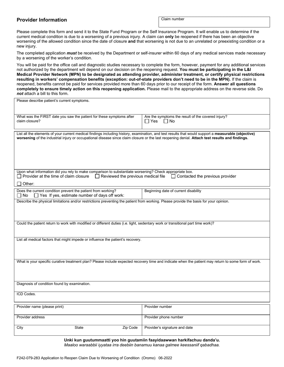Form F242-079-283 Application to Reopen Claim Due to Worsening of Condition - Washington (English / Oromo), Page 2
