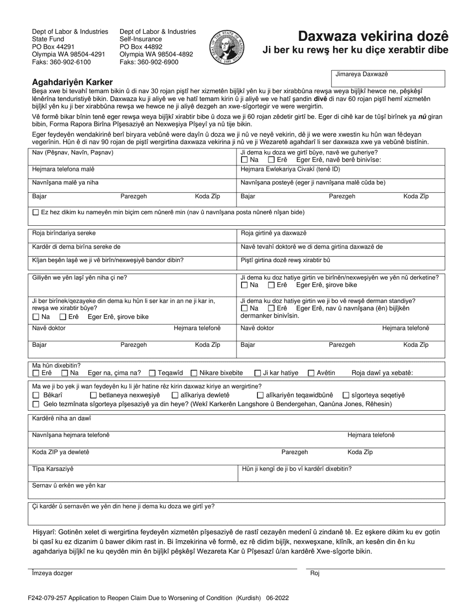 Form F242-079-257 Application to Reopen Claim Due to Worsening of Condition - Washington (English / Kurdish), Page 1