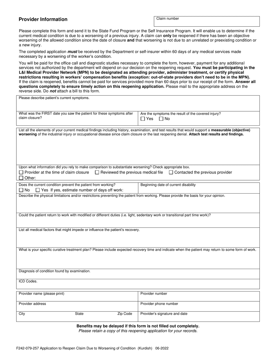 Form F242-079-257 Application to Reopen Claim Due to Worsening of Condition - Washington (English / Kurdish), Page 2