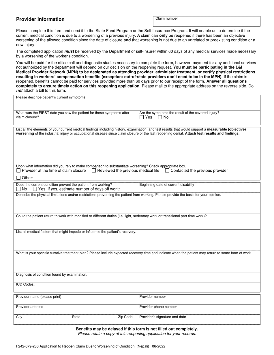 Form F242-079-280 Application to Reopen Claim Due to Worsening of Condition - Washington (English / Nepali), Page 2