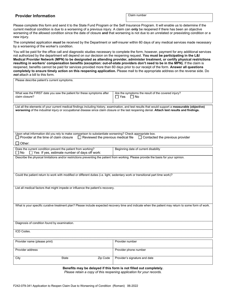 Form F242-079-341 Application to Reopen Claim Due to Worsening of Condition - Washington (English / Romani), Page 2