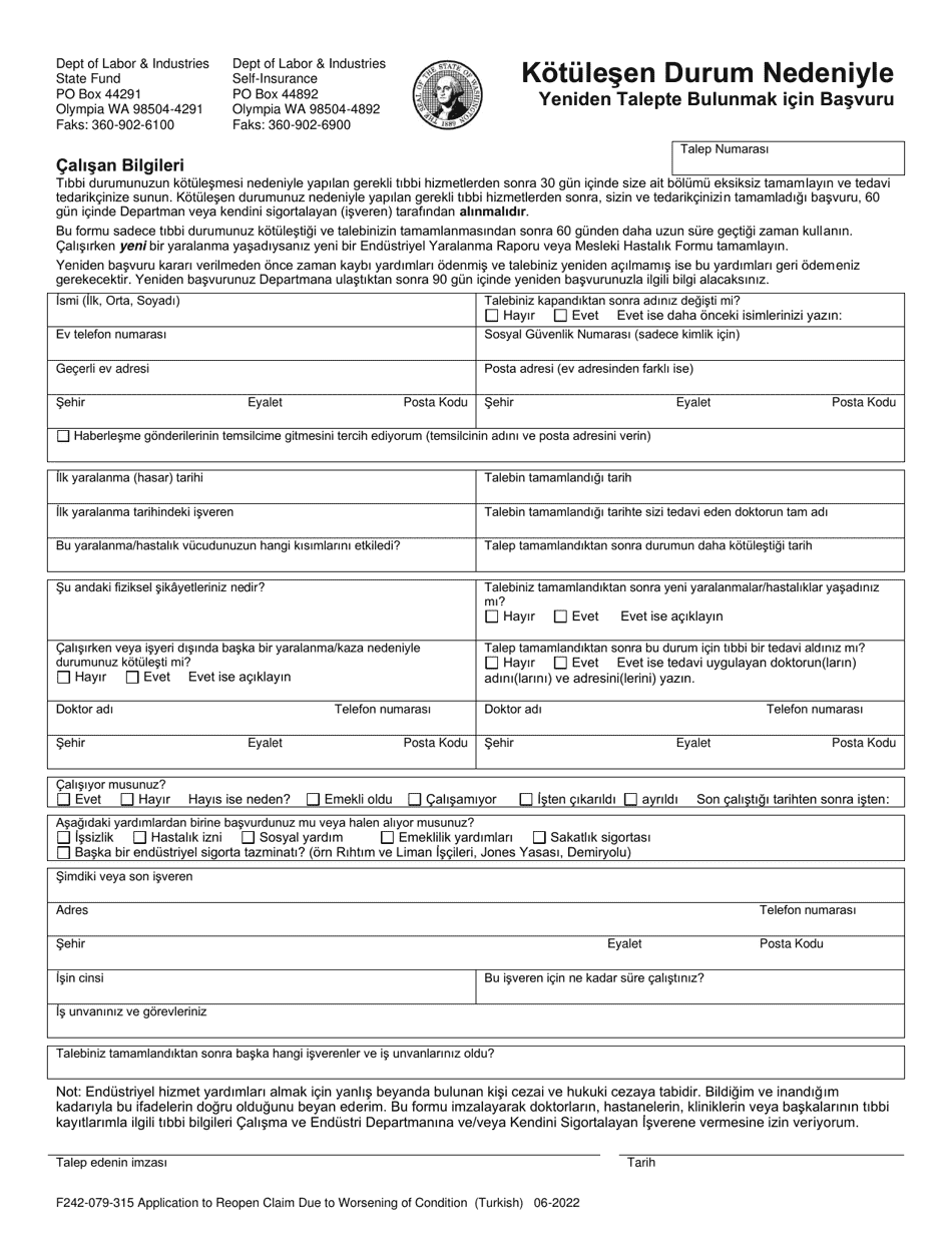 Form F242-079-315 Application to Reopen Claim Due to Worsening Condition - Washington (English / Turkish), Page 1