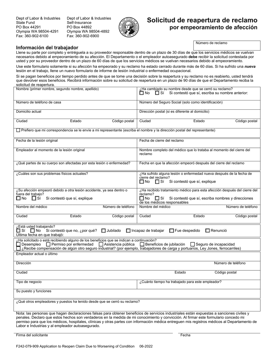 Form F242-079-909 Application to Reopen Claim Due to Worsening of Condition - Washington (English / Spanish), Page 1