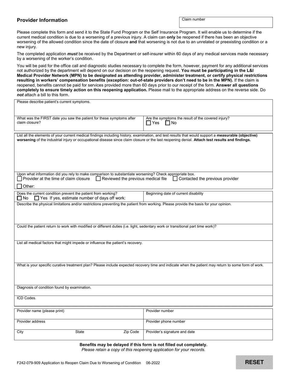 Form F242-079-909 Application to Reopen Claim Due to Worsening of Condition - Washington (English / Spanish), Page 2