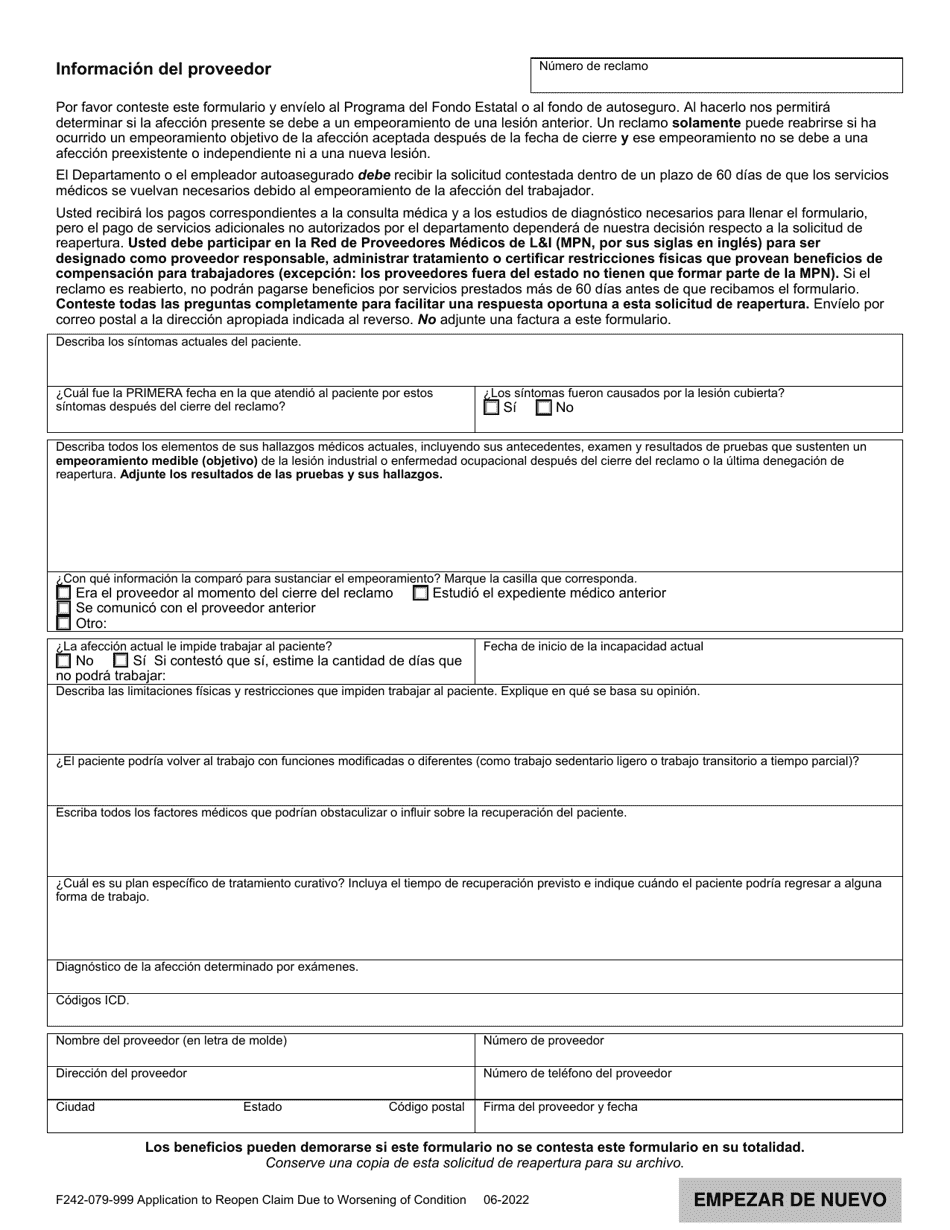 Formulario F242-079-999 Solicitud De Reapertura De Reclamo Por Empeoramiento De Afeccion - Washington (Spanish), Page 2