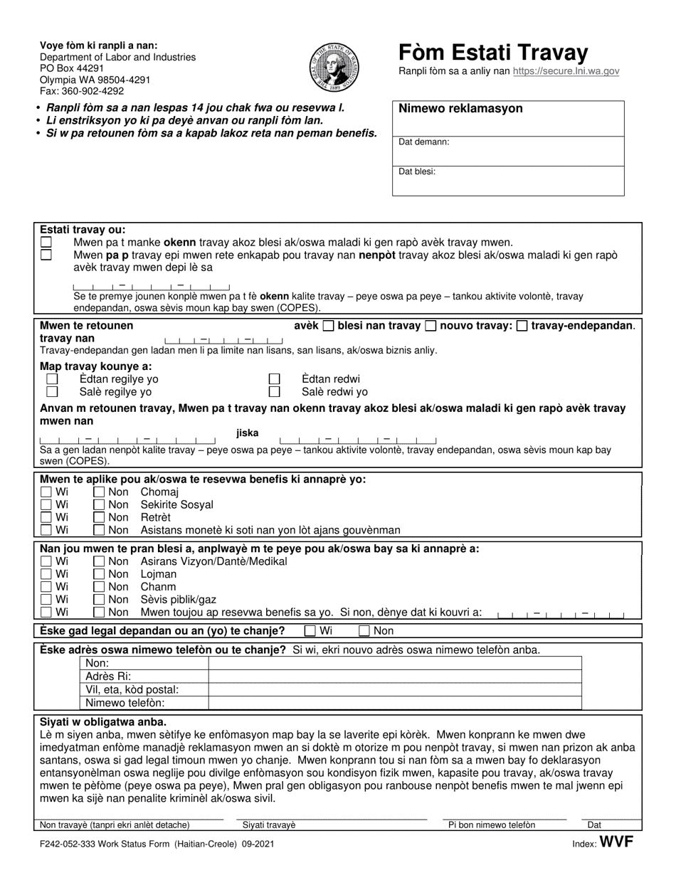 Form F242-052-333 Work Status Form - Washington (English / Haitian Creole), Page 1