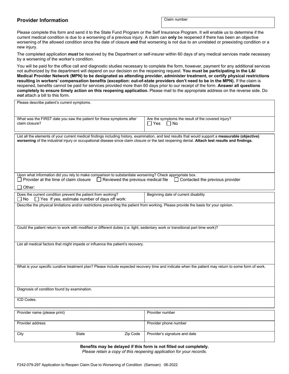 Form F242-079-297 Application to Reopen Claim Due to Worsening Condition - Washington (English / Samoan), Page 2