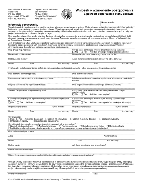 Form F242-079-289 Application to Reopen Claim Due to Worsening Condition - Washington (English/Polish)