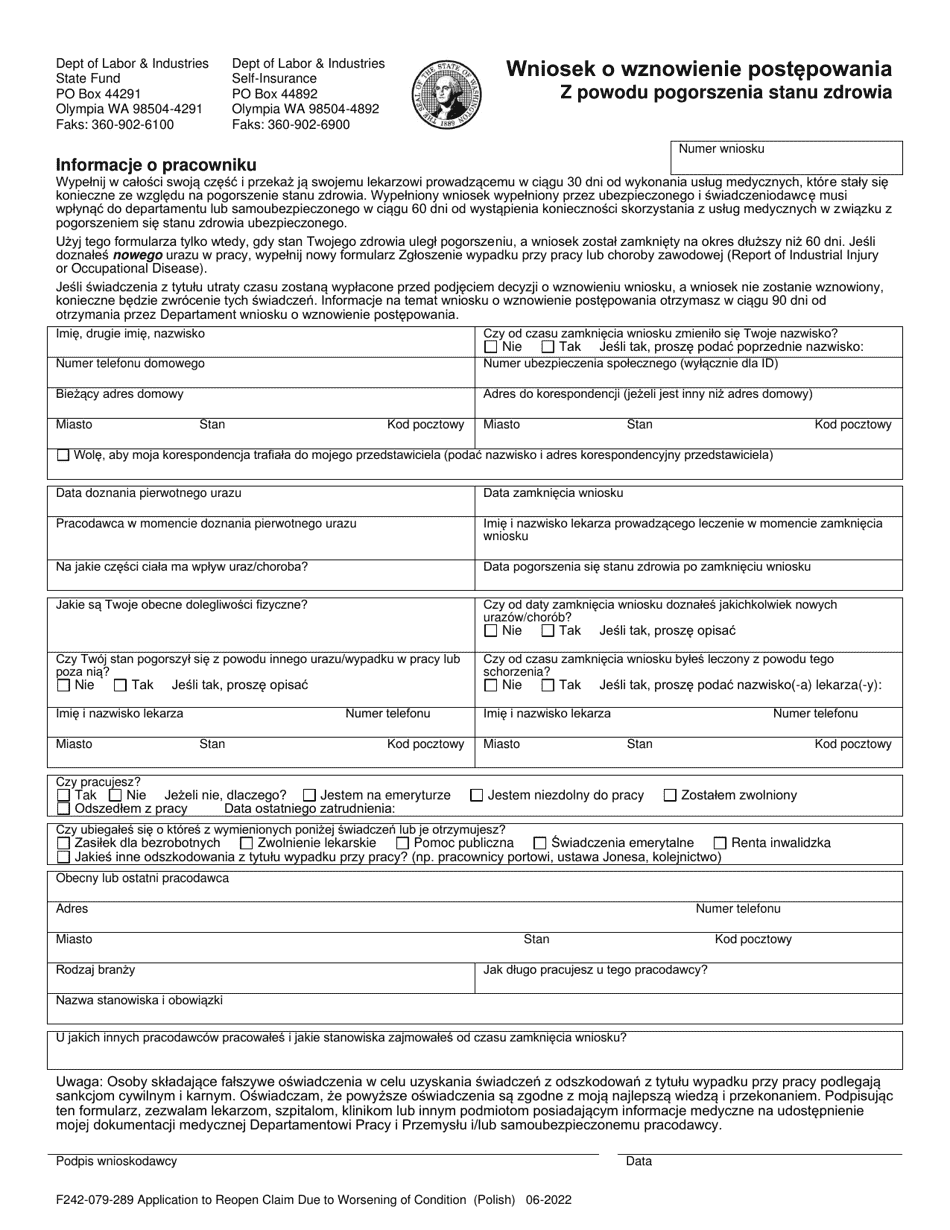 Form F242-079-289 Application to Reopen Claim Due to Worsening Condition - Washington (English / Polish), Page 1
