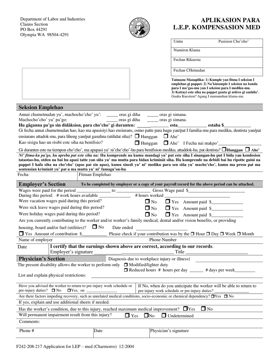 Form F242-208-217 Application for L.e.p. Compensation Med - Washington (English / Chamorro), Page 1
