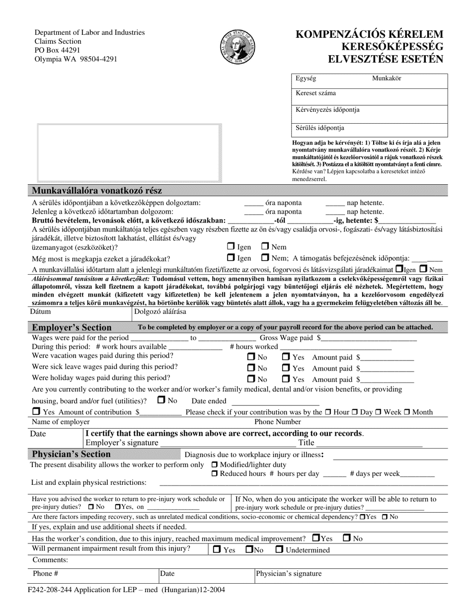Form F242-208-244 Application for L.e.p. Compensation Med - Washington (English / Hungarian), Page 1