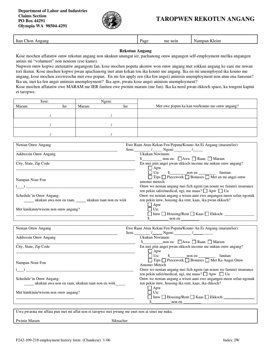 Form F242-109-218 Employment History Form - Washington (Chuukese), Page 1