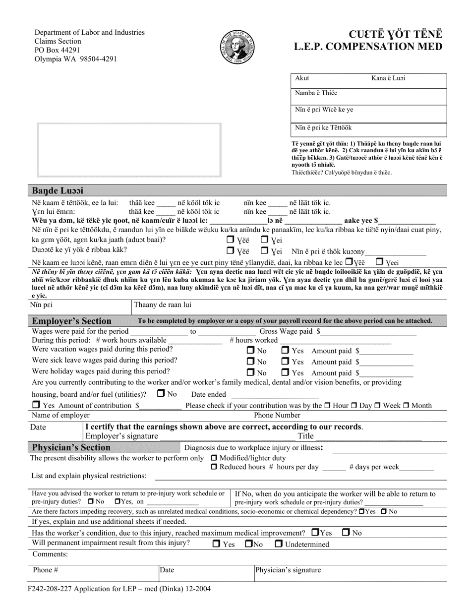 Form F242-208-227 Application for L.e.p. Compensation Med - Washington (English / Dinka), Page 1