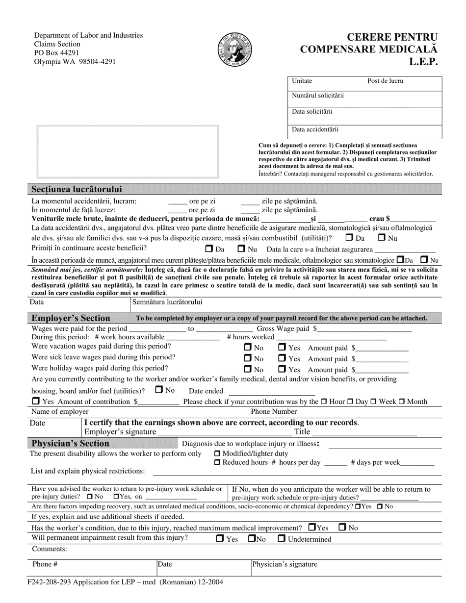 Form F242-208-293 Application for L.e.p. Compensation Med - Washington (English / Romanian), Page 1