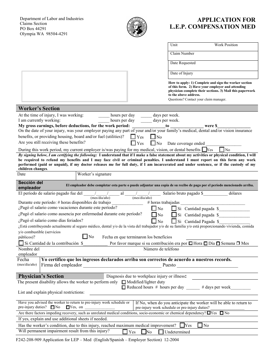 Form F242-208-909 Application for L.e.p. Compensation Med - Washington (English / Spanish), Page 4