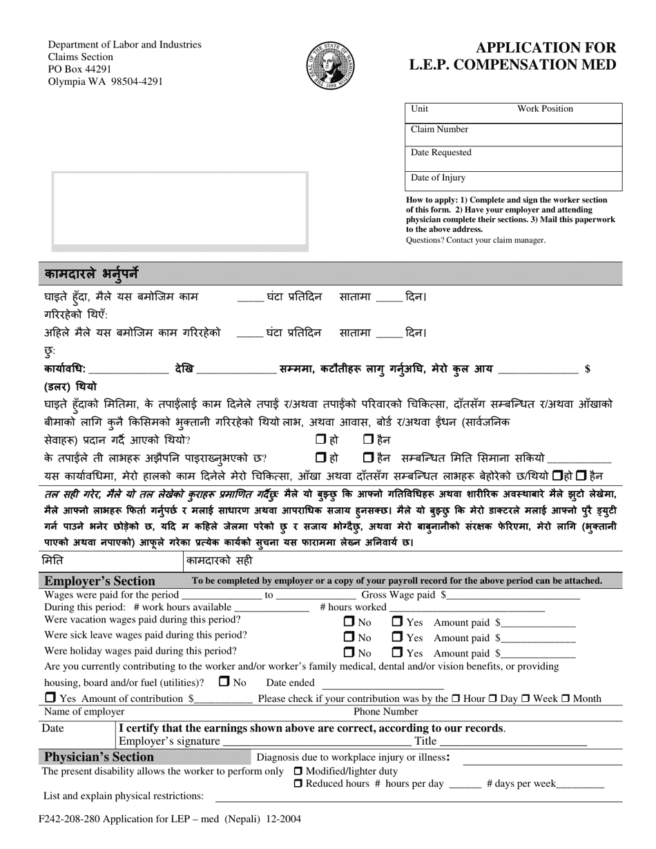 Form F242-208-280 Application for L.e.p. Compensation Med - Washington (English / Nepali), Page 1