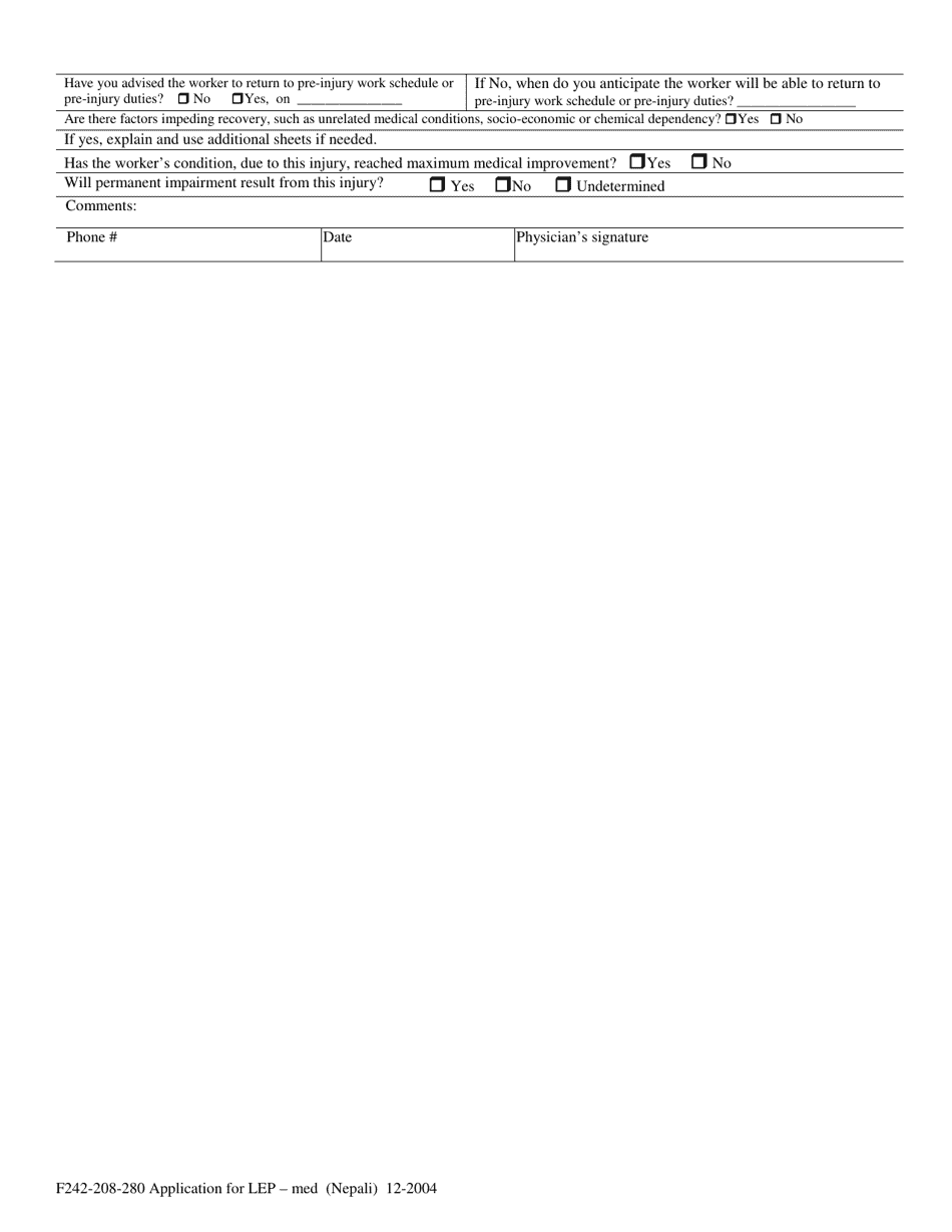 Form F242-208-280 Application for L.e.p. Compensation Med - Washington (English / Nepali), Page 2