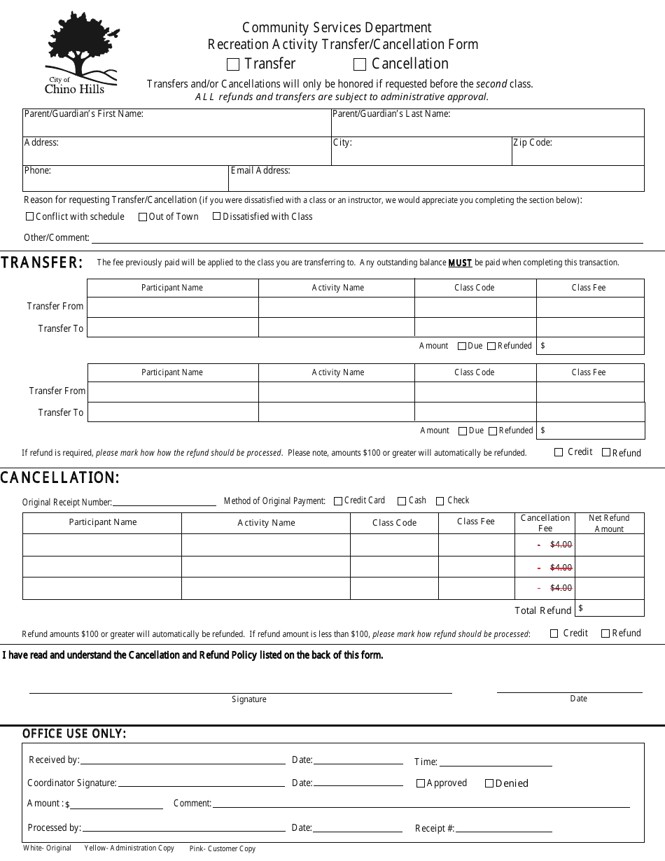 Recreation Activity Transfer / Cancellation Form - City of Chino Hills, California, Page 1