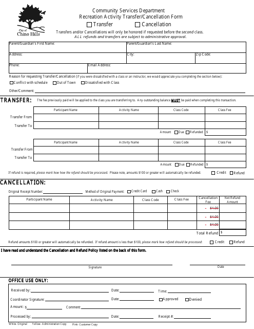 Recreation Activity Transfer / Cancellation Form - City of Chino Hills, California Download Pdf