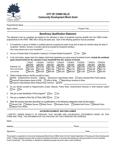 Beneficiary Qualification Statement - Community Development Block Grant - City of Chino Hills, California Download Pdf