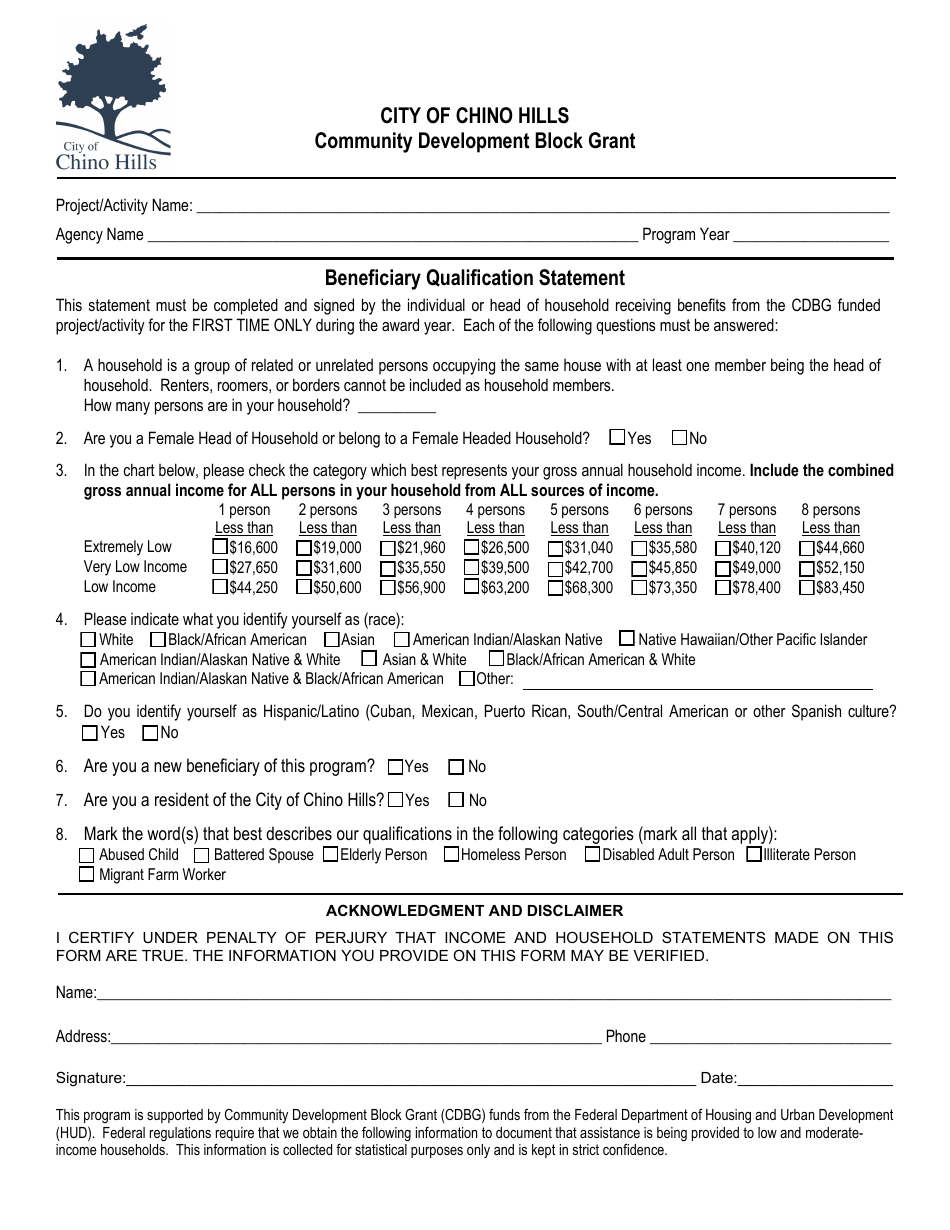 Beneficiary Qualification Statement - Community Development Block Grant - City of Chino Hills, California, Page 1
