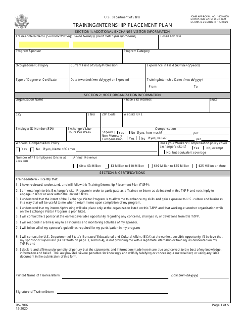 Form DS-7002 Training/Internship Placement Plan