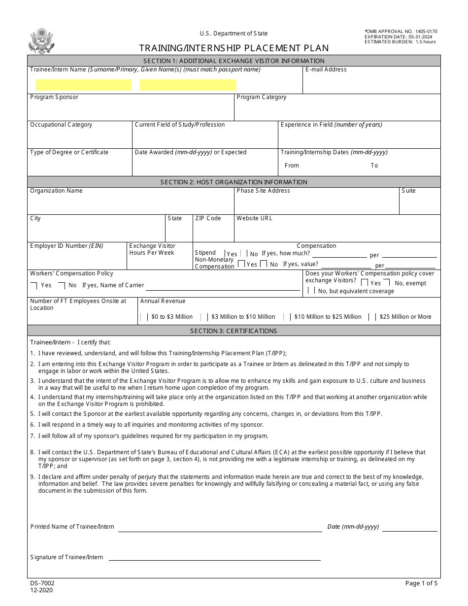 Form DS-7002 Training / Internship Placement Plan, Page 1