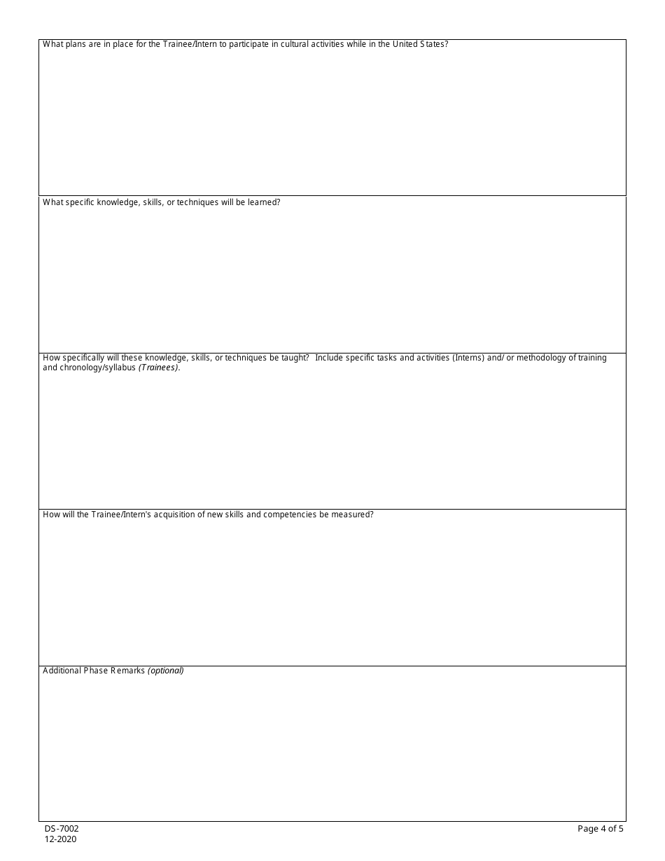 Form DS-7002 Training / Internship Placement Plan, Page 4