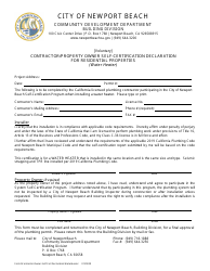 Document preview: Contractor/Property Owner Self-certification Declaration for Residential Properties (Water Heater) - City of Newport Beach, California